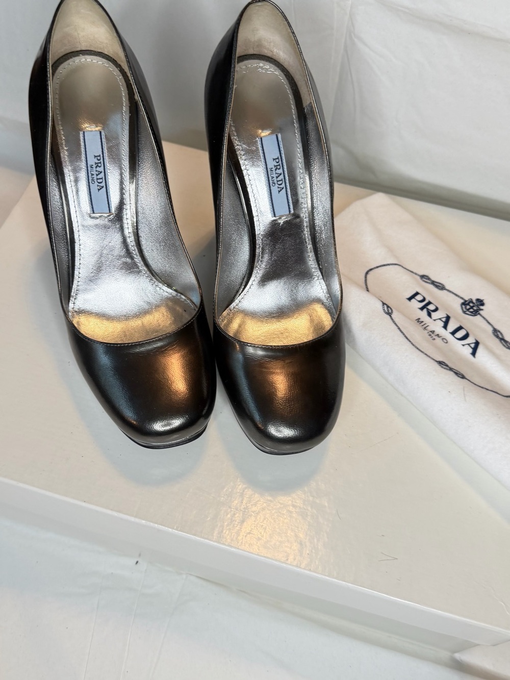 Prada Black Leather Round-Toe Heels